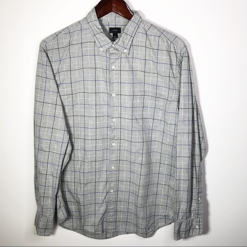 Casual Button-Down Plaid Shirt - Light Gray with Blue Windowpane